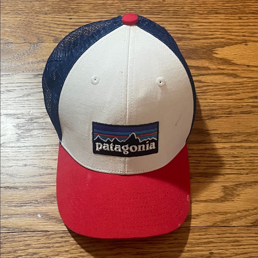 Patagonia Cream, Navy & Red Trucker Hat with Mountain Logo